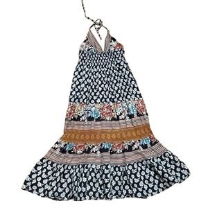 She's Cool Women's Small Boho Floral Halter Midi Dress Smocked Crochet Cotton